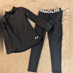 UA Under Armour Fitted  Mock Neck Shirt & Pants Set Youth Boys M Cold Gear Black